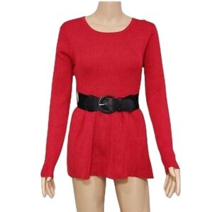 NEW LOOK Women's Sweater Top Red Round Neck Long‎ Sleeve + Belt Plus Size 1X
